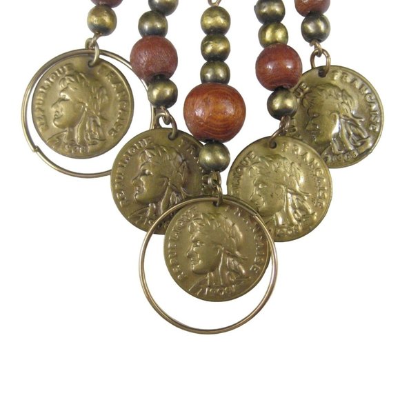 Faux Coin Republique Francaise Brooch 3.8 in Pin Goldtone Dangle Vintage FLAW - Picture 4 of 8